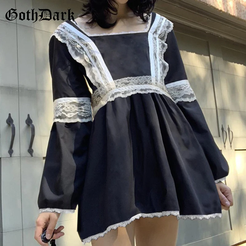 

Goth Dark Harajuku Lace Patchwork Cute Dresses Gothic A-line Loose Black Women Emo Dress Grunge Long Sleeve Clubwear Alt Clothes