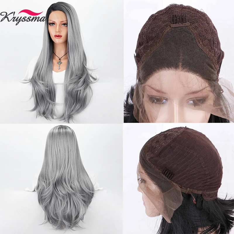 

Парики kryssma Женские синтетические, прямые длинные натуральные, с эффектом омбре, серебристые, машинная работа, для хэллоуивечерние