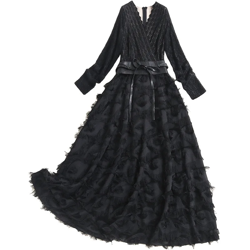 

2021 Spring Fashion Black Lace Dress V Neck Office Lady Party Queen Sashes New Design Elegant Long Skirt Women