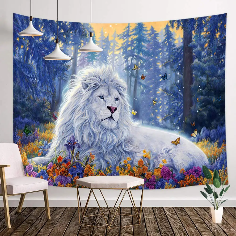 

Fantasy Decor Tapestry Lion Safari Theme Mystic Blue Forest with Flowers and White Wild Animals Wall Hanging