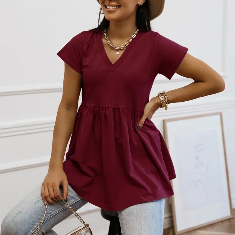 V-образный вырез женская шифоновая блуза с коротким рукавом хлопковые блузки для