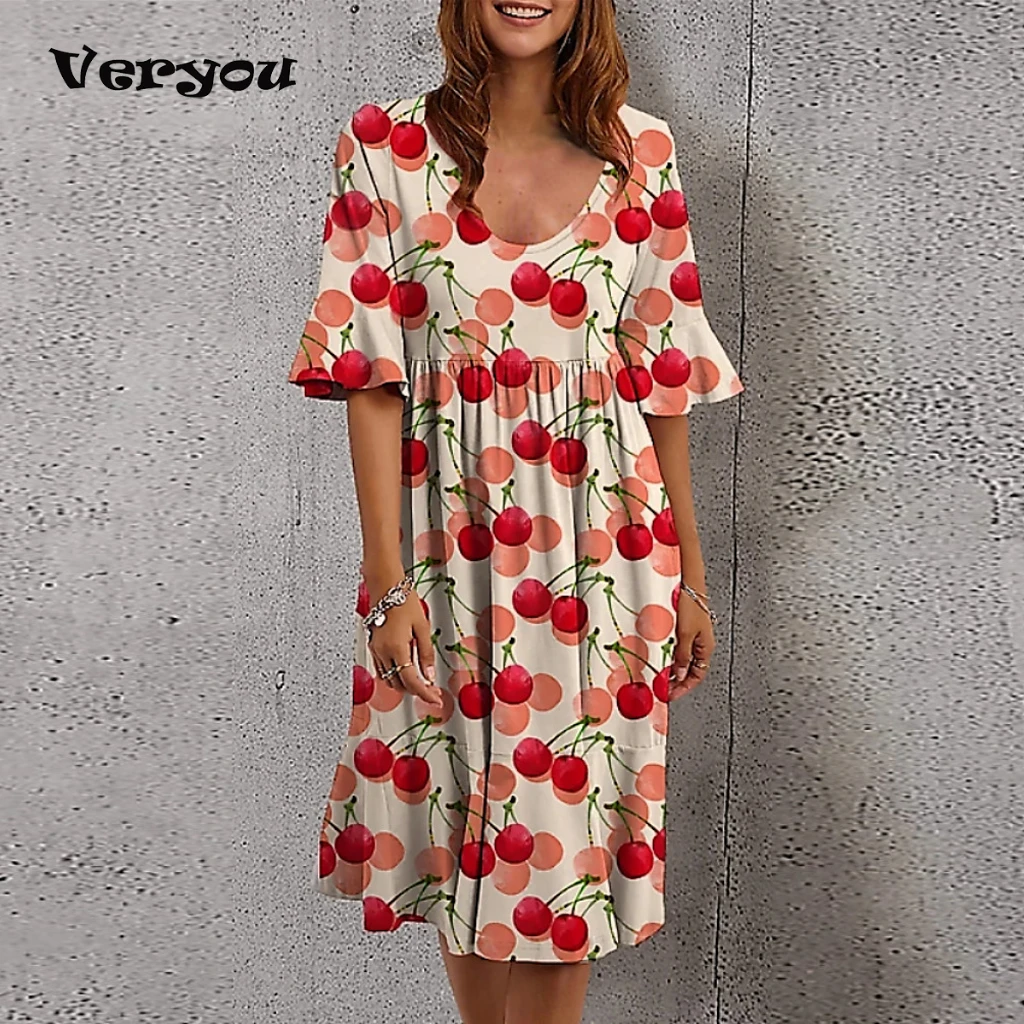 Женское свободное летнее платье праздничное с круглым вырезом и коротким