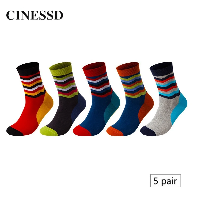 5 Pairs Man Socks New Autumn Winter Wave Print Patchwork Combed Cotton Sports Shaping Breathable Business Casual Men Crew Sock