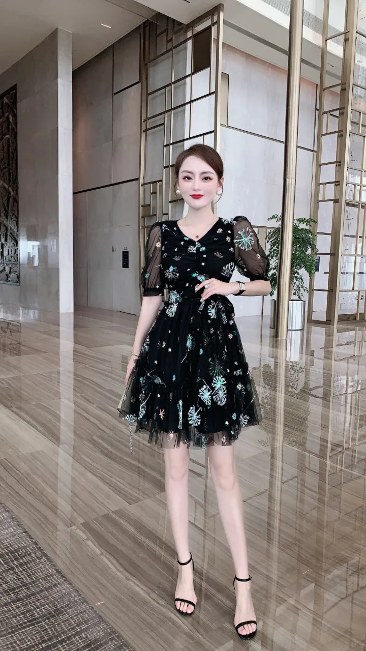 

Mesh embroidery Sequin Belt 2021 dress summer short sleeve skirt women's fashion temperament