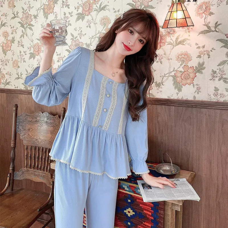 

Women's Pajamas Korean-Style Sweet Lace Square Collar Pearl Buckle Nightwear Cotton Soft Comfortable Sleepwear 2-Piece Set