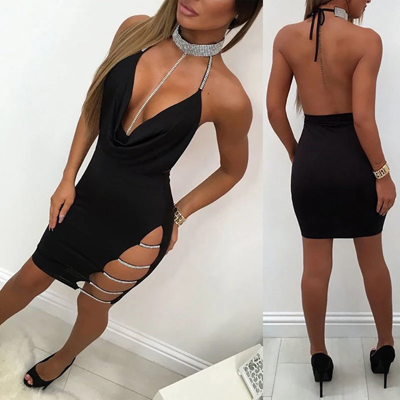 Sexy Women Halter Crystal Sequin Dress Backless Metallic Bandage Club Bodycon Party Dresses Ladies | Женская одежда