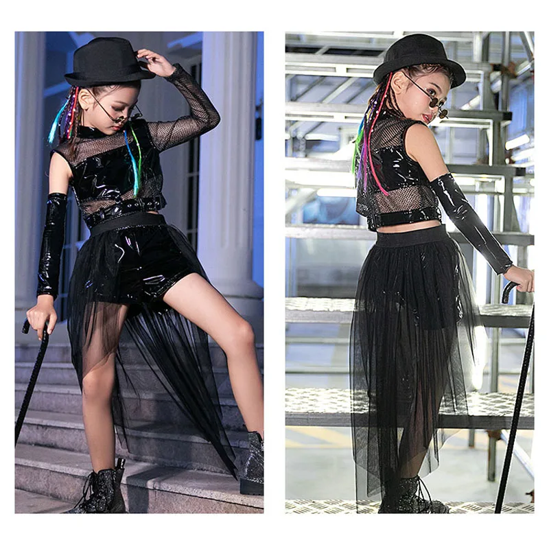 

2020 New Girls Catwalk Model Stage Costumes Kids Jazz Clothes Girls Hip Hop Suit Modern Street Dance Black Mesh Leather Dress
