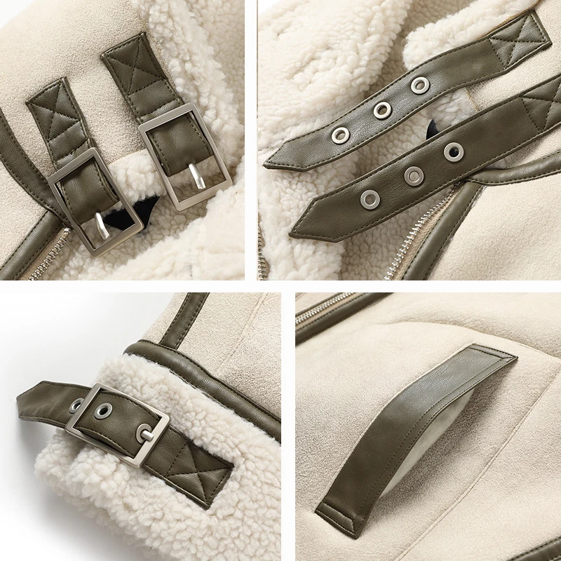 

Fitaylor New Winter Lambs Wool Splicing PU Leather Jacket Women Fur Collar Warm Thick Outerwear Faux Lamb Loose Leather Jacket