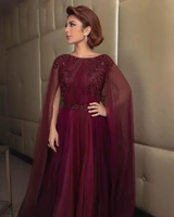 dubai grape formal evening dresses cape sleeve 2021 a line long prom wear beads sash arabic muslim women celebrity party gowns
