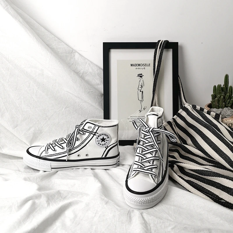 2019 модные высокие кроссовки парусиновая обувь женская повседневная белая