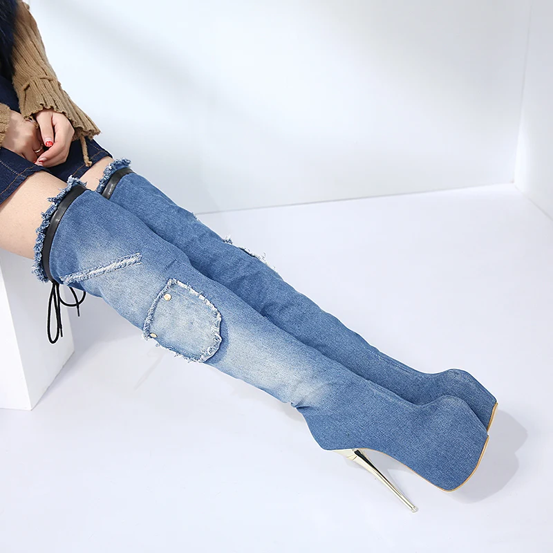 Женские синие джинсовые ботфорты Bottines модные зимние высокие сапоги на платформе