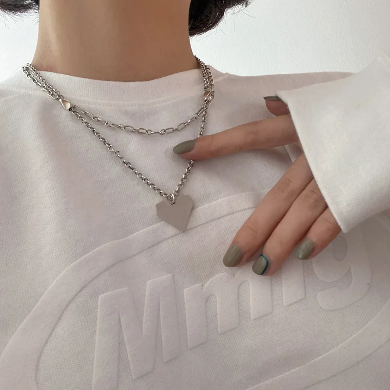 

Silver Color Flat Heart Pendant Necklace for Women Clavicle Chain Layered Necklaces Female 2021 Fashion Jewelry New
