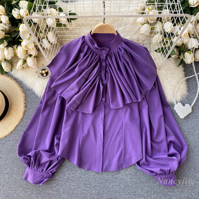 Women's Stand Neck Lantern Sleeve Pleated Loose Blouse Female All-Matching Top Solid Color Ruffles Shirts Ladies Blusas