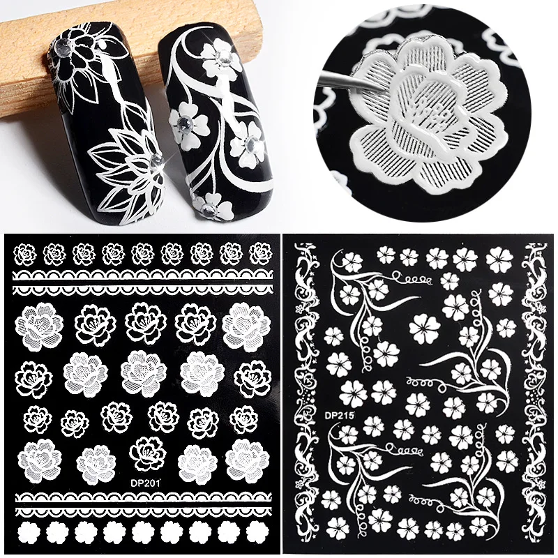 

3D White Acrylic Engraved flower Nail Sticker Embossed lace Flower Water Decals Empaistic Nail Water Slide Decals