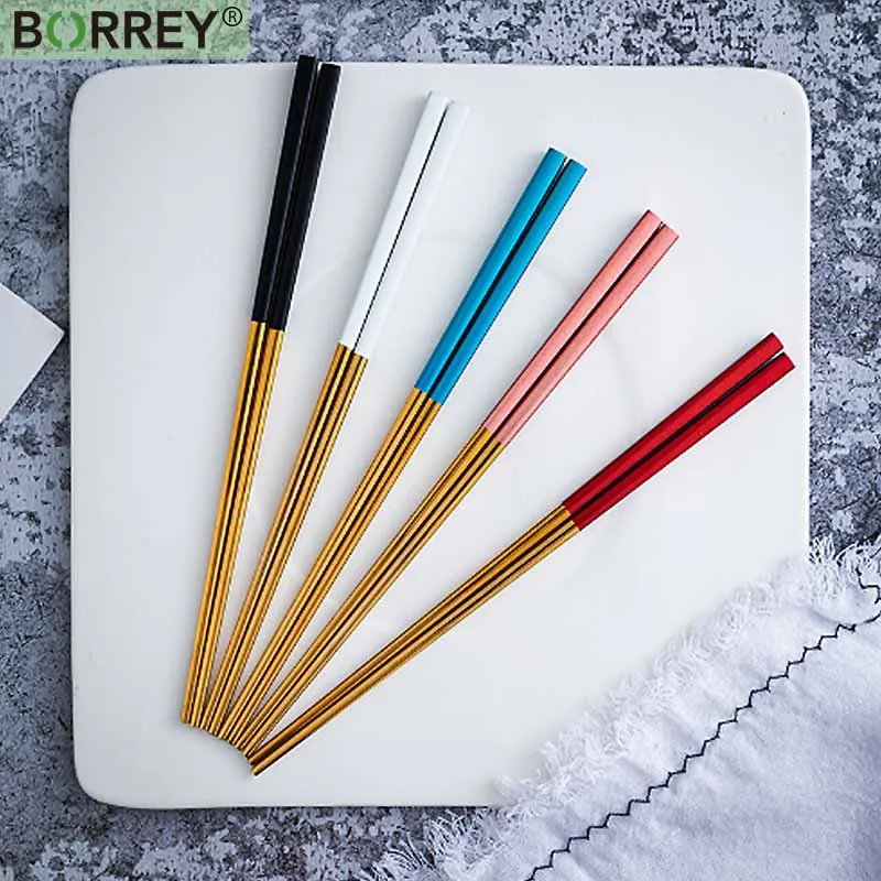 BORREY 5 Pairs/Set Stainless Steel Korean Chopsticks Metal Chinese Food Chop Sticks Hashi For Sushi Gold Gift | Дом и сад