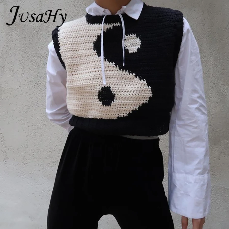

JuSaHy Autumn Bagua Map Patchwork Sweater Vest for Women Fashion Y2K Sleeveless Slim Tanks Casual Streetwear Female Crop Tops
