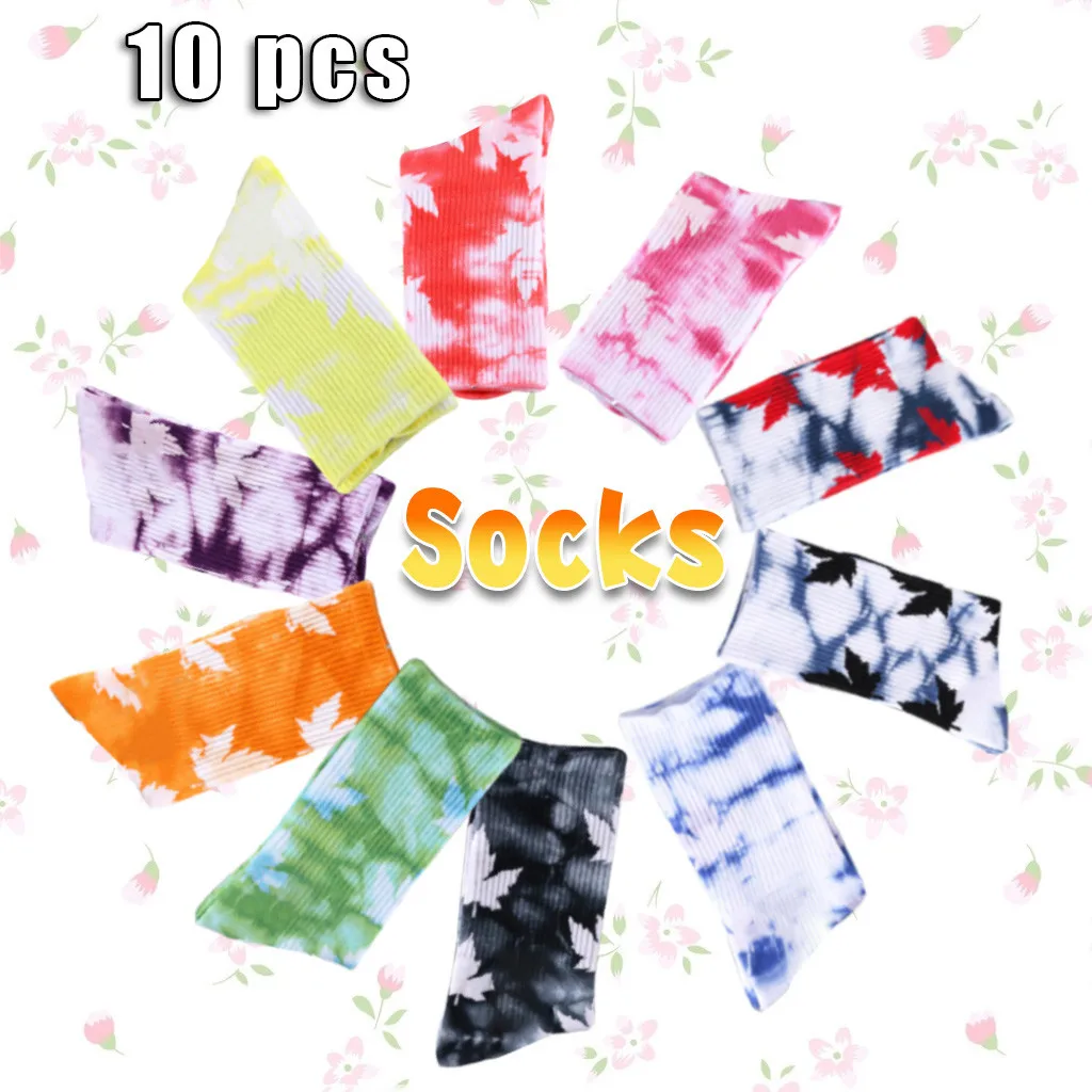 10 Pair Unisex Novelty Maple Leaf Tie-dye Skateboard Socks Cotton Harajuku Hiphop Stockings Sox Ethnic Couple Long Sock Meias | Женская