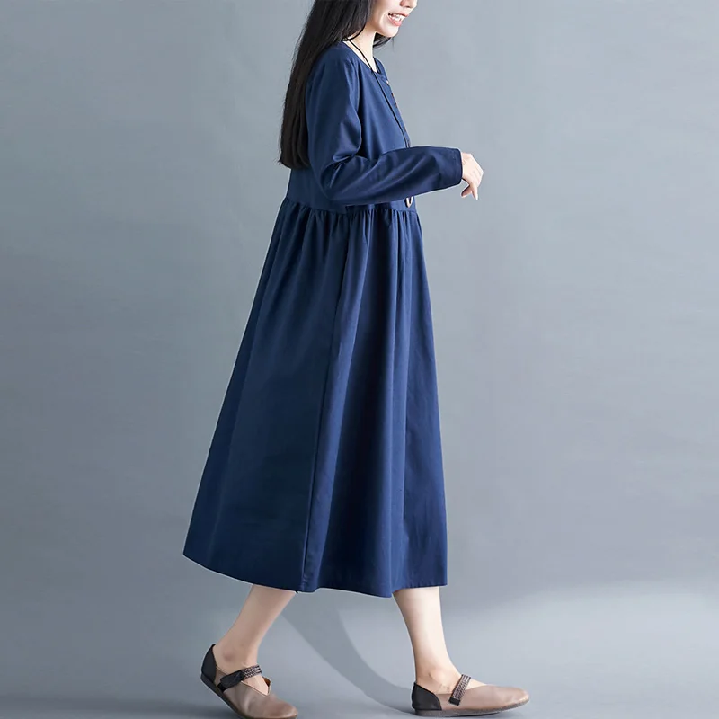 Женское платье из хлопка и льна Johnature свободное однотонное винтажное с длинным