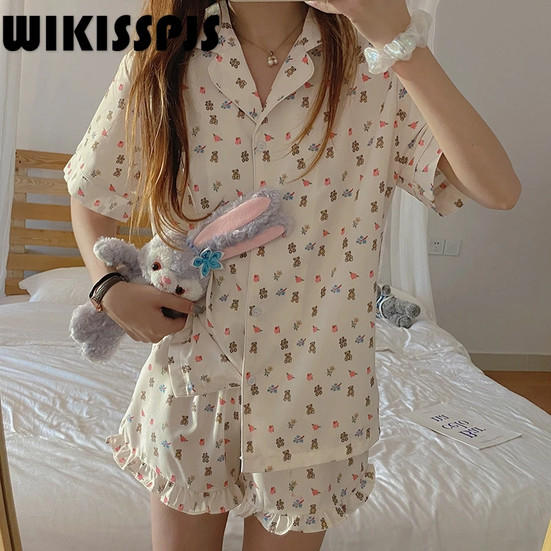 

Summer Short Sleeve Shorts Fashion Cute Bear Two Piece Pajamas for Women Leisure Home Suit Sleepwear Sleep Tops Loungewear