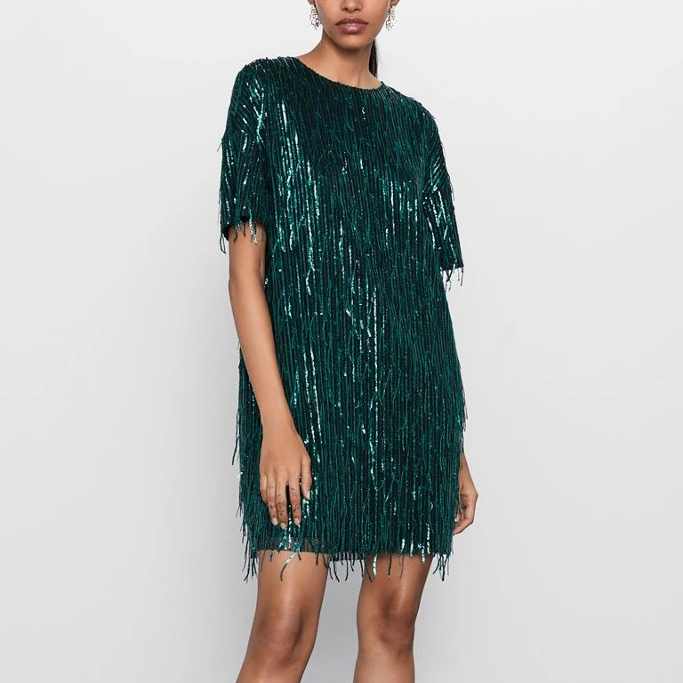 2019 Новое модное уличное мини платье с блестками и кисточками в Корейском стиле