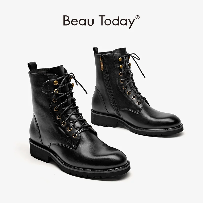 

BeauToday Ankle Boots Women Cow Leather Round Toe Side Zip Lace-Up Retro Winter Ladies Motorcycle Shoes Handmade 03812