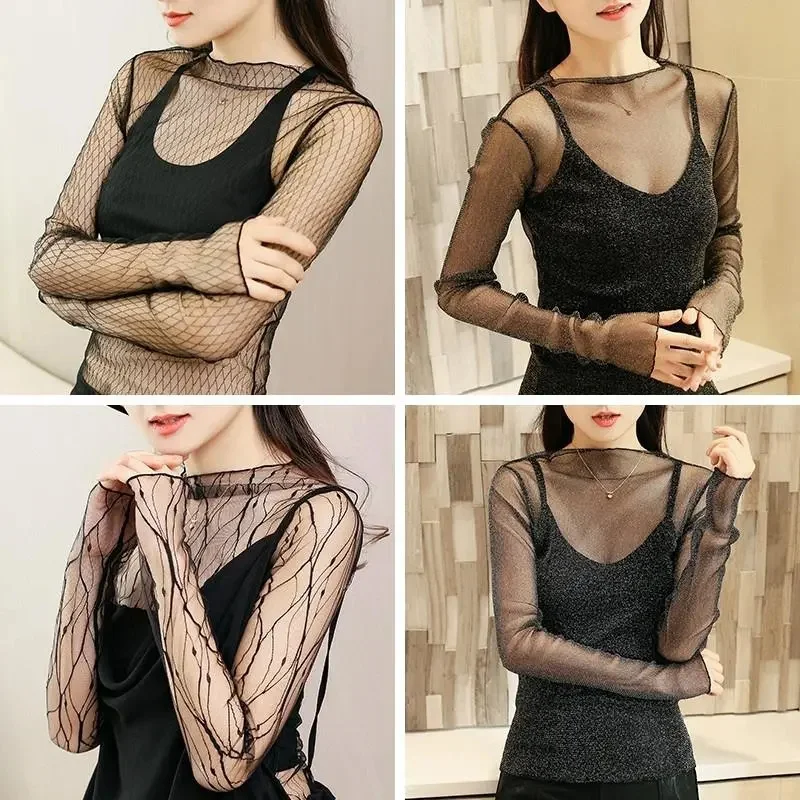 

Sexy Women'S T-Shirt See-Through Lace Mesh Top Long Sleeve Slim Ladies High Collar New Summer Sun Protection T-Shirt