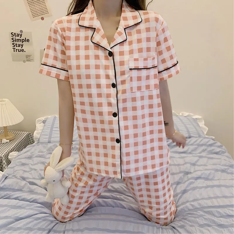 

Silka Surplus Pink Plaid Print Pajamas Sets For Women Short Sleeve Cotton Sleepwear Pink Pijama Mujer Female Nightsuit