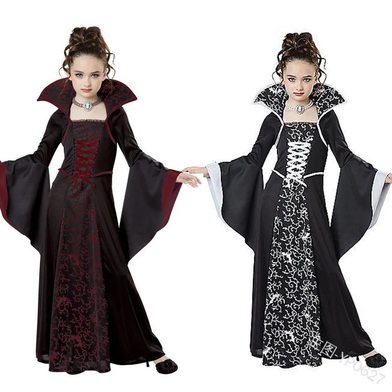 Girls Vampire Cosplay Dresses Witch Vintage Scary Costume Carnival Medieval Day of The Dead Halloween Dress for Girl C43605CH |