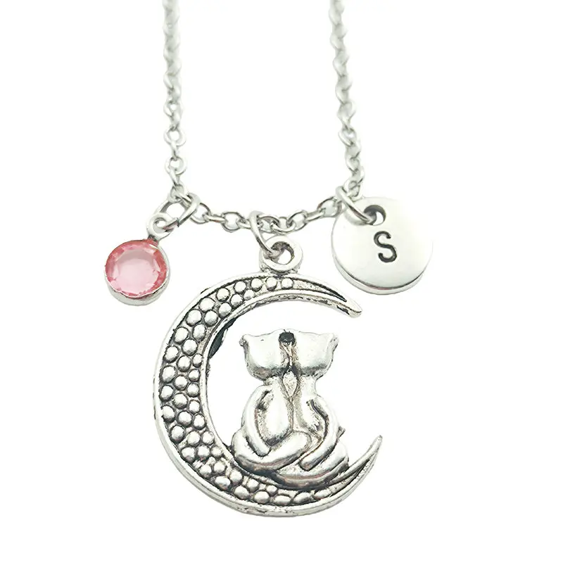 

Moon Cat Necklace Birthstone Creative Initial Letter Monogram Fashion Jewelry Women Christmas Gifts Accessories Pendants