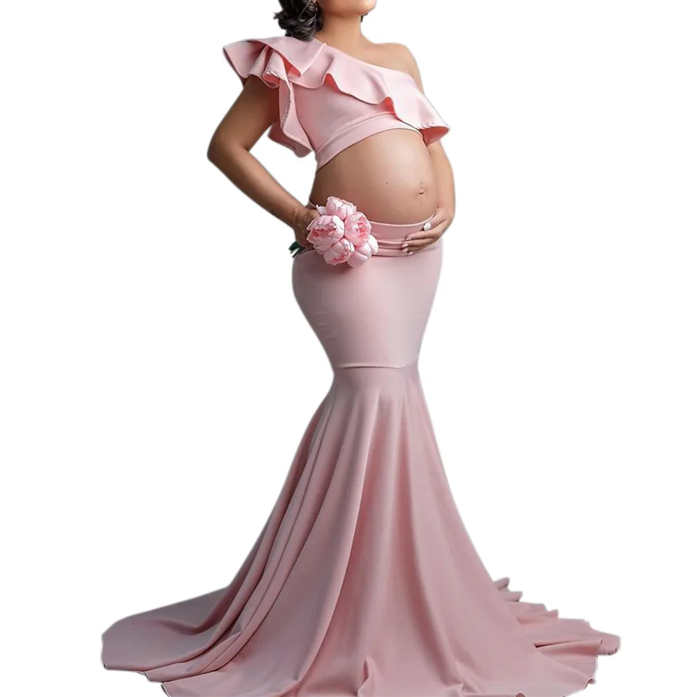 

Sexy Maternity Dresses For Photo Shoot Ruffles Long Pregnancy Dress Photography Props 2021 Baby Shower Pregnant Women Maxi Gown