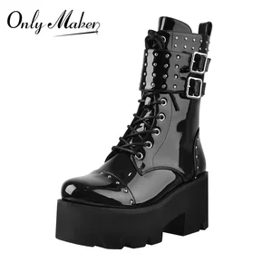 Onlymaker Women's Round Toe Platform Boots Black Patent Leather Rivet Buckle Lace-Up Chunky High Heel  Zipper Punk Ankle Booties