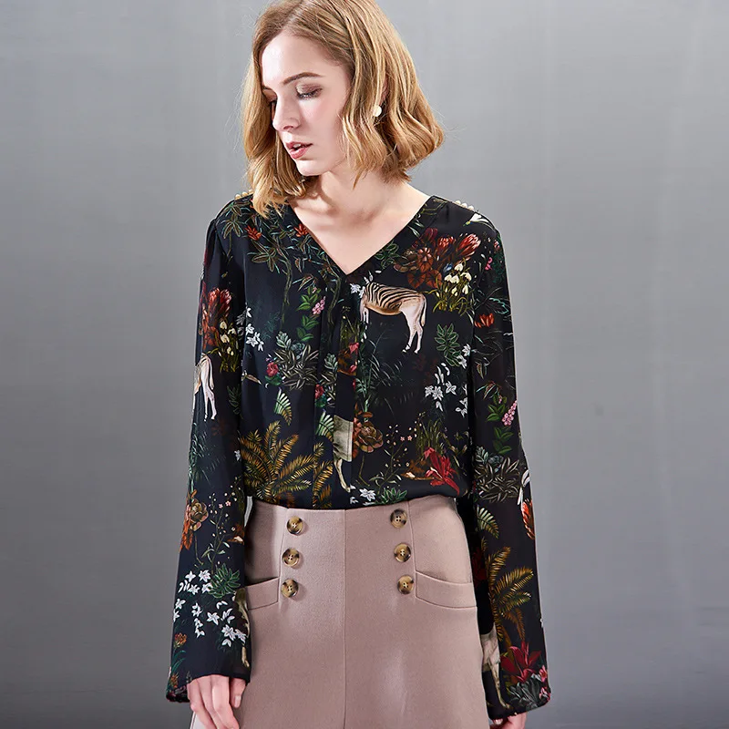 women s blouses and tops silk floral office formal casual shirts plus size 2019 summer sexy Haut femme black green zebra flower