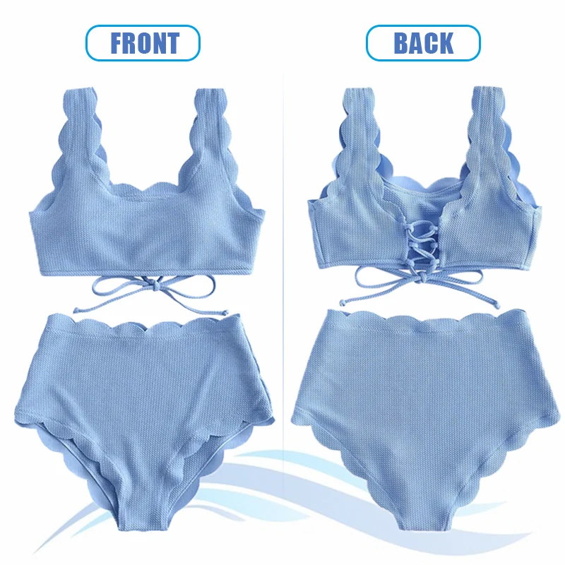 

Women High Waist Bikini Set Scalloped Textured Solid Two Pieces Push Up Beach Bathing Suits Swimwear Lace Biquinis Bathing Suits