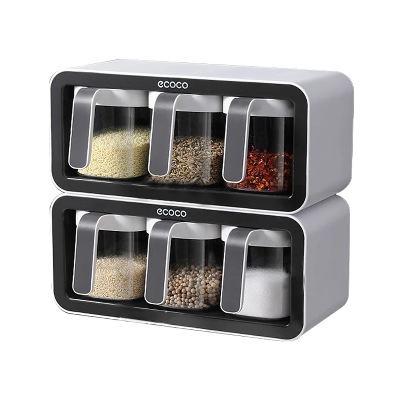 

Kitchen Wall Mount Spice Rack Sugar Bowl Salt Shaker Spice Container Boxes With Spoons Organizer Kitchen Utensils Storage Sets