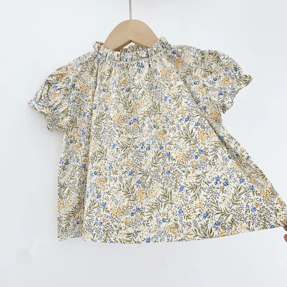 

Детская одежда, лето 2022, Детская рубашка с плиссированным воротником для девочек, желтый топ с коротким рукавом и принтом, хлопковая Милая о...