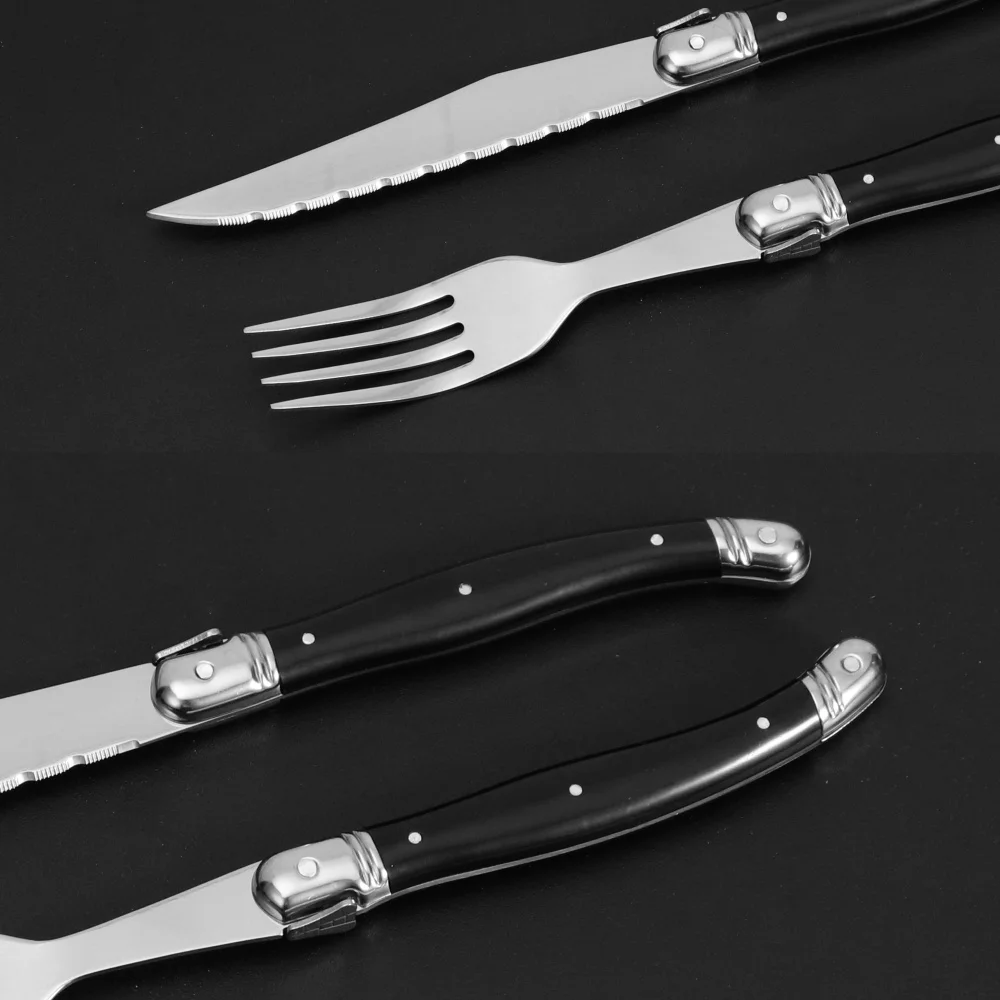 

6pcs/12pcs Full Tang Laguiole Stainless Steel Steak Knives And Forks Steel Cutlery Dinner Set With Black ABS Handle Tablewares