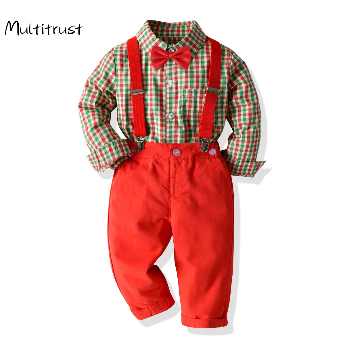 

1-7Y Kids Baby Boys Gentleman Suit Set Long Sleeve Plaid Top+Long Pants+Bow Tie Outfits Clothes