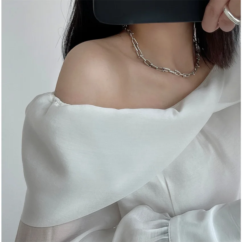 

Summer New French Blogger Gentle Temperament One Line Collar Off Shoulder Shirt Sexy Long Sleeve Short Fairy Top