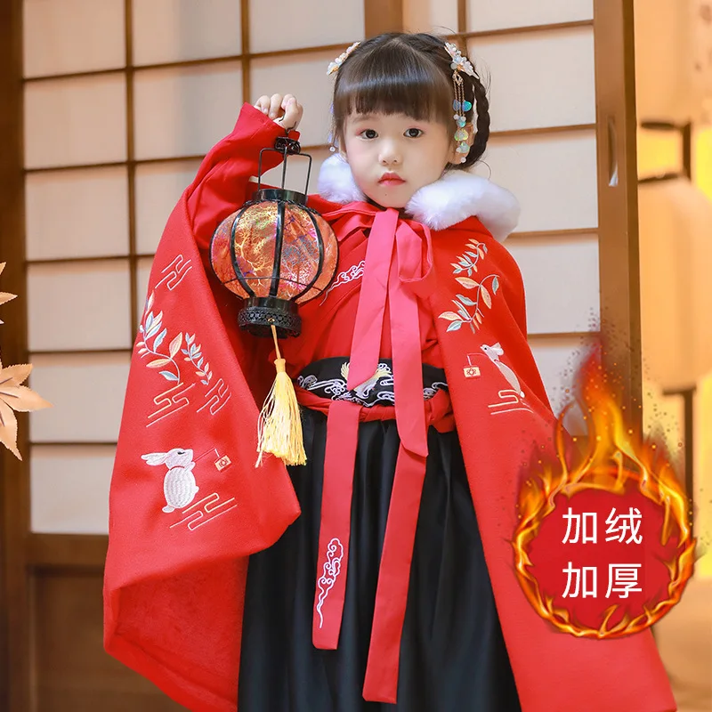 Детская одежда с вышитым кроликом для девочек Hanfu женская зимняя плюшевая