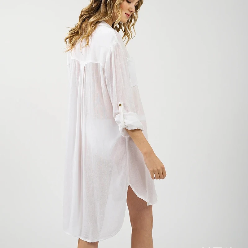 

New Chiffon Shirt dress Beach Cover up Tunic for Beach Summer Beachwear Long Sleeve Swimsuit Cover up Swimwear Women Dress