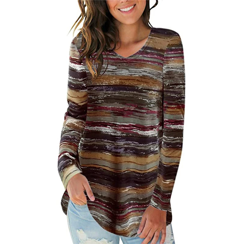 

Gradient Striped Print V-neck Long Sleeve Tunic Tee Tops Women 2021 Autumn Casual Loose Plus Size Clothing Fashion T Shirt Femme
