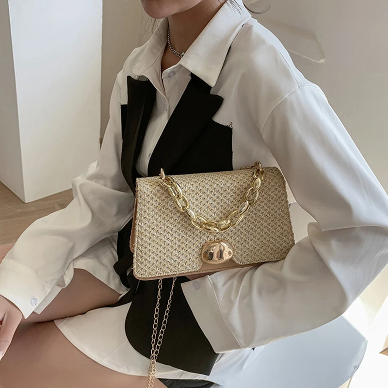 

New Summer Handmade Bags for Women Beach Weaving Ladies Straw Bag Wrapped Beach Bag Square Shaped Top Handle Handbags Totes