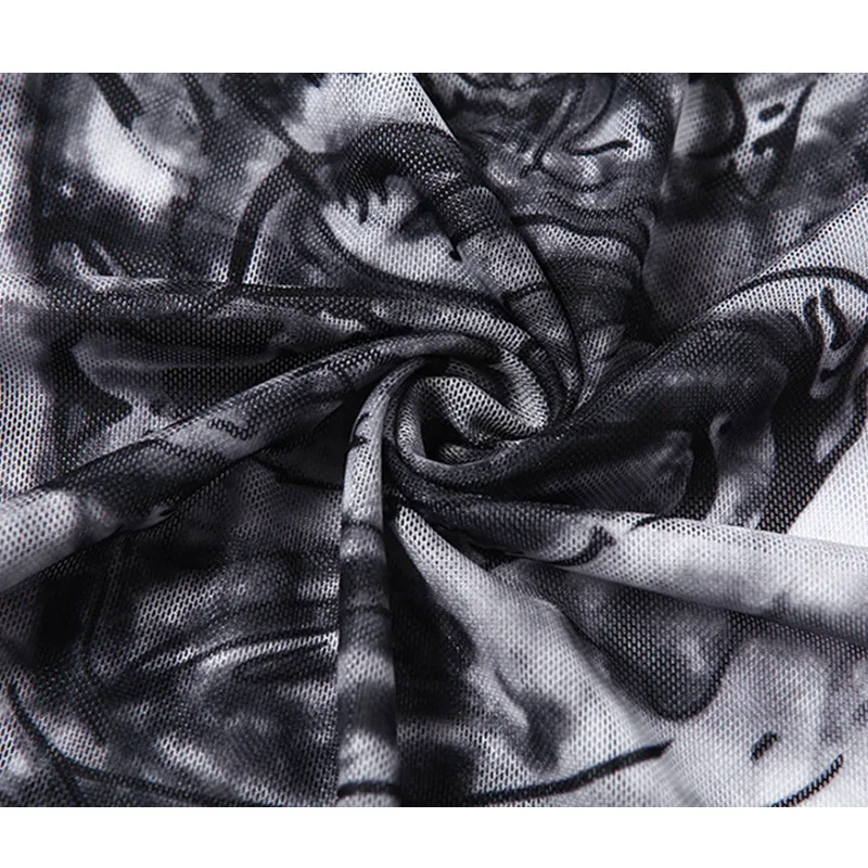 

Spring And Autumn New Women's Round Neck Long Sleeve Printing See-Through Mesh Sexy Slim Mini Casual High Stretch Dress Plus Siz