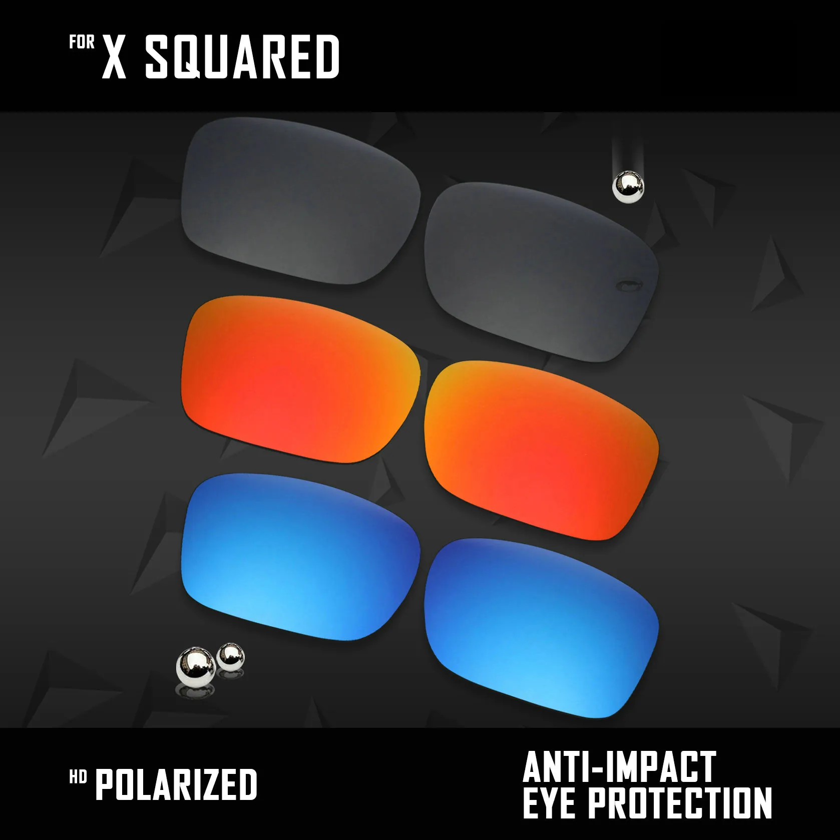 OOWLIT 3 Pairs Polarized Sunglasses Replacement Lenses for Oakley X Squared OO6011-Black & Fire Red & Ice Blue