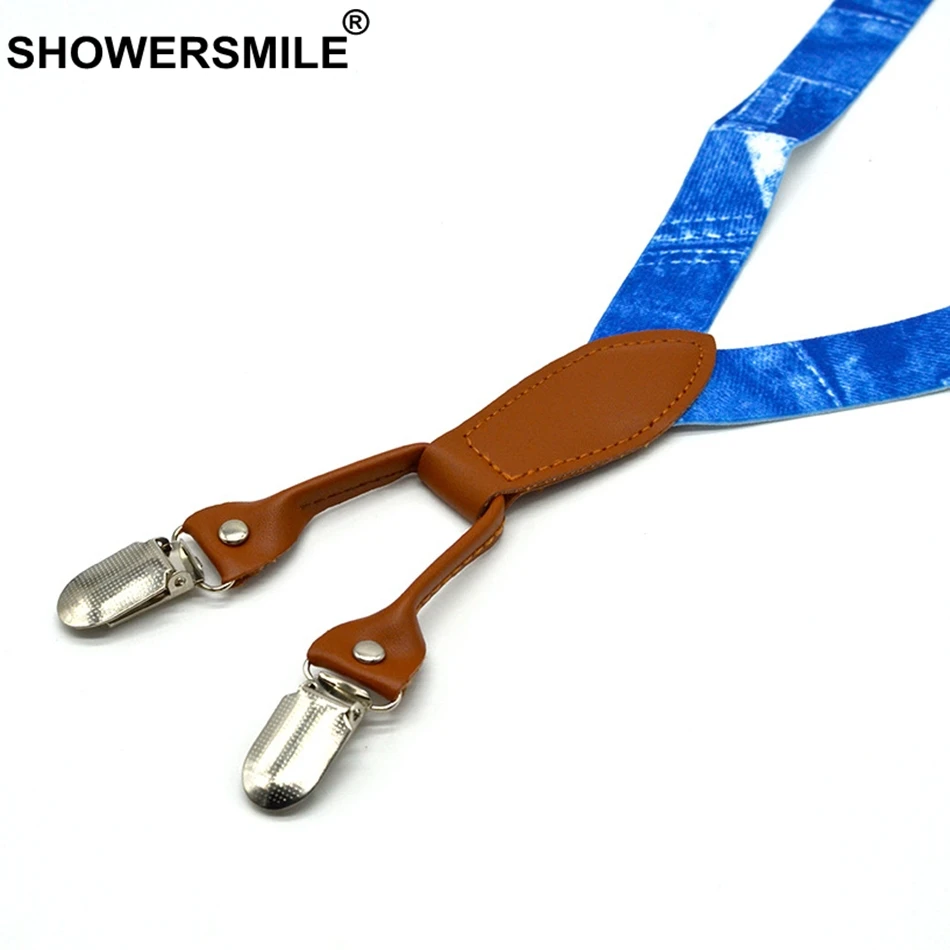 SHOWERSMILE Дизайнерские джинсовые синие подтяжки и галстук бабочка с рисунком