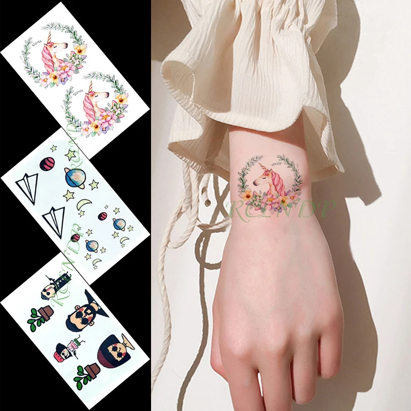 

Водостойкая временная татуировка-наклейка, единорог, самолет, звезда, планета, мультяшный цветок, тату флэш-тату, поддельные татуировки для ...