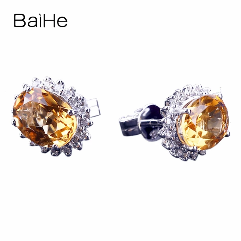 Серьги гвоздики BAIHE из белого золота с натуральным цитрином 14 к 5 х7 мм|stud earrings|citrine