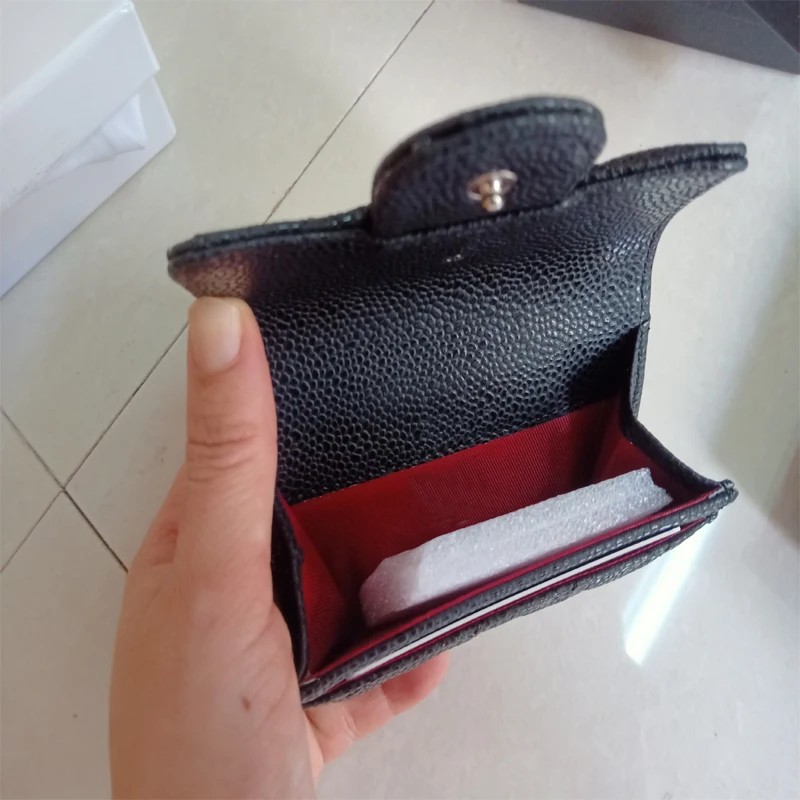 

Mens & Women Wallets Cow Leather Thin Purses Carteira Unisex Caviar Card Bag Zipper Mini Credit Card Holder With Original Box