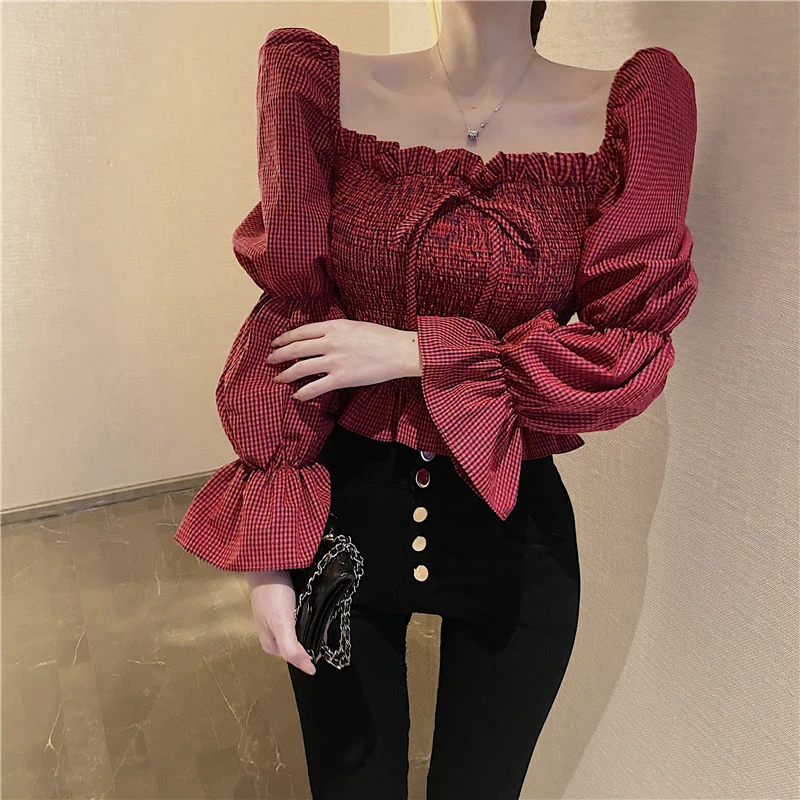 

Винтажная пикантная женская рубашка с квадратным вырезом, красная клетчатая блузка с расклешенным рукавом и кулиской, женские модные женск...