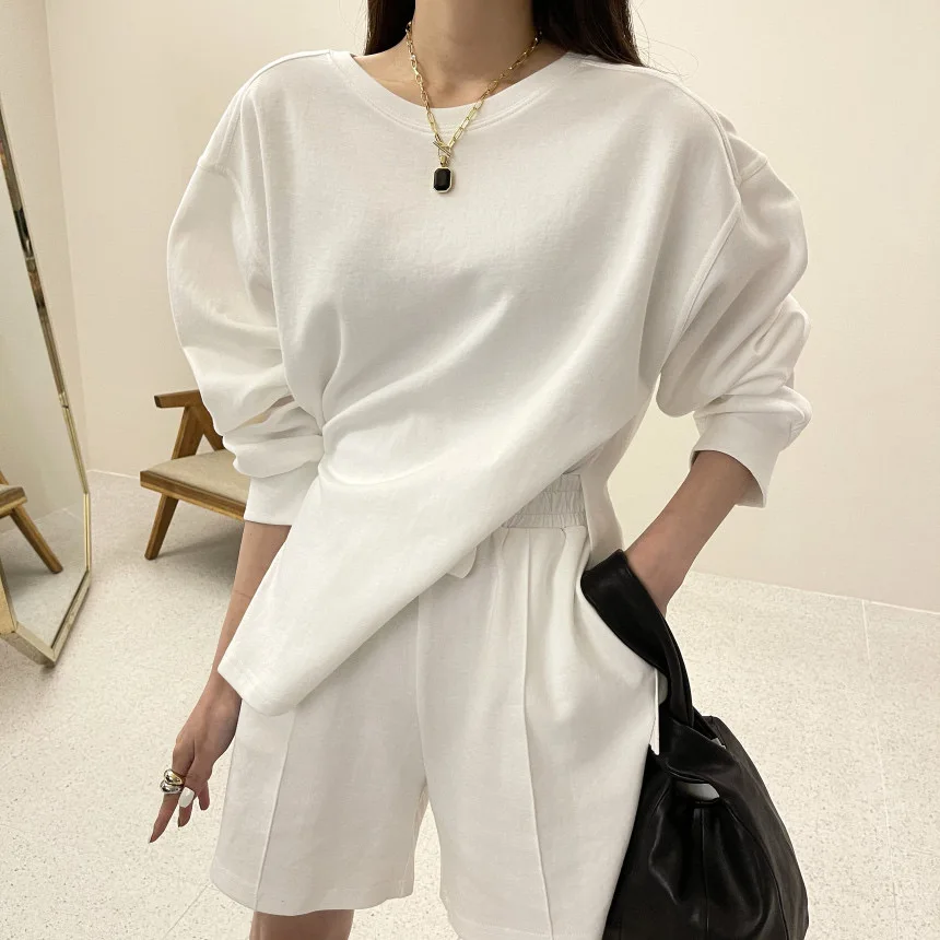 

Summer Spring Women 2 Piece Set Long Sleeve Sweatshirt Sweatshorts Loose Casual Tracksuit Loungewear
